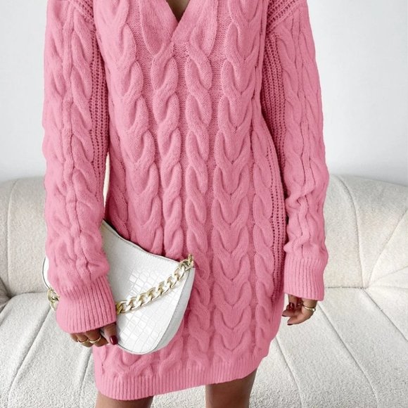 Long sleeved Cable Knit Sweater Dress Pink - Picture 5 of 5